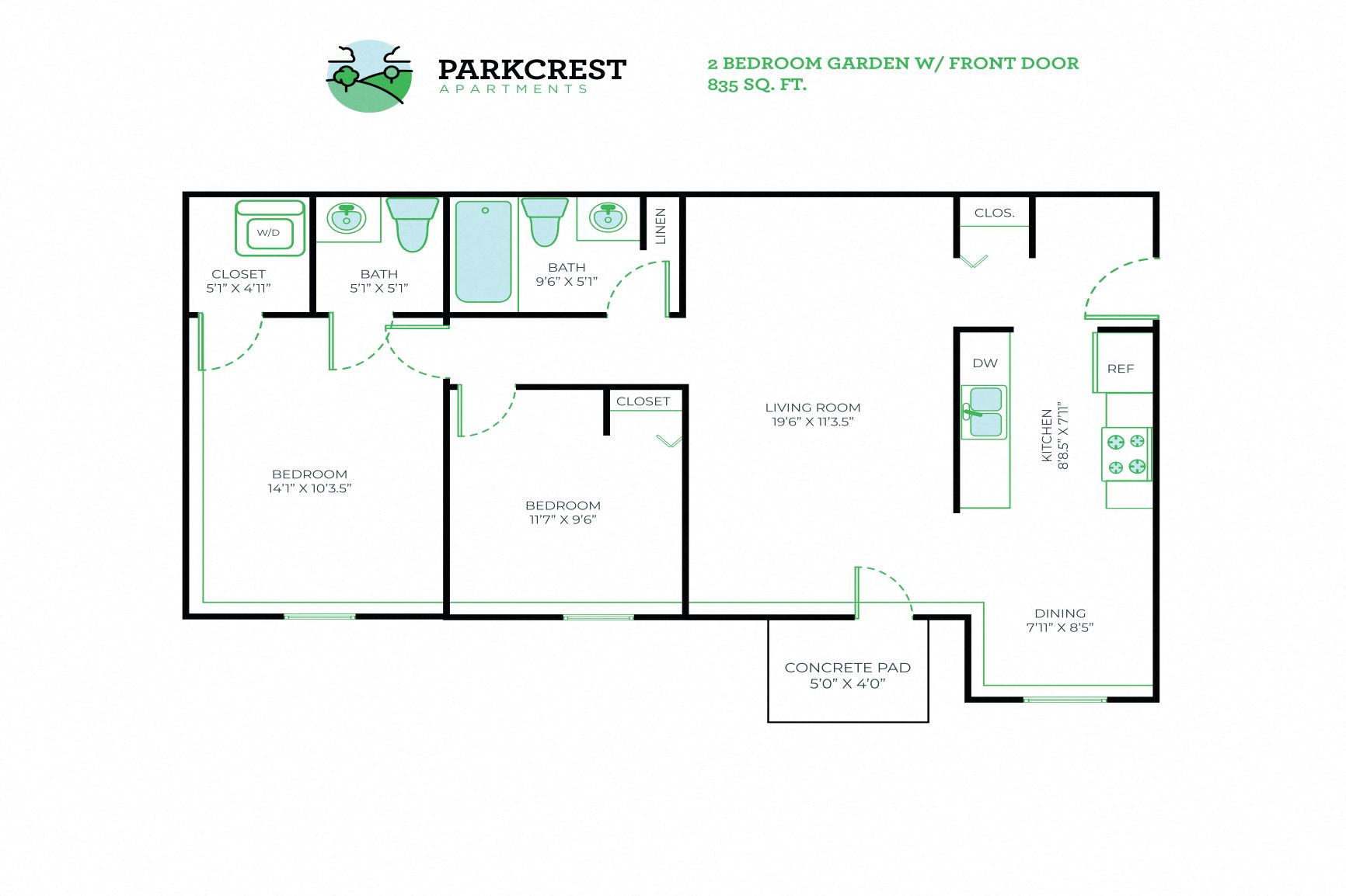Floor plan for 2 beds, 1.5 baths, 835 sqft
